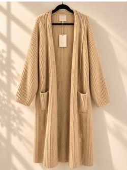 a new day Long Open-Front Ribbed Cardigan in Tan
