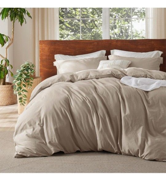Bedsure 100% Washed Cotton Duvet Cover Queen Size - Frosted Almond Minimalist Cotton Duvet Cover Linen Like for All Seasons - GentleSoft™ Plain Simple