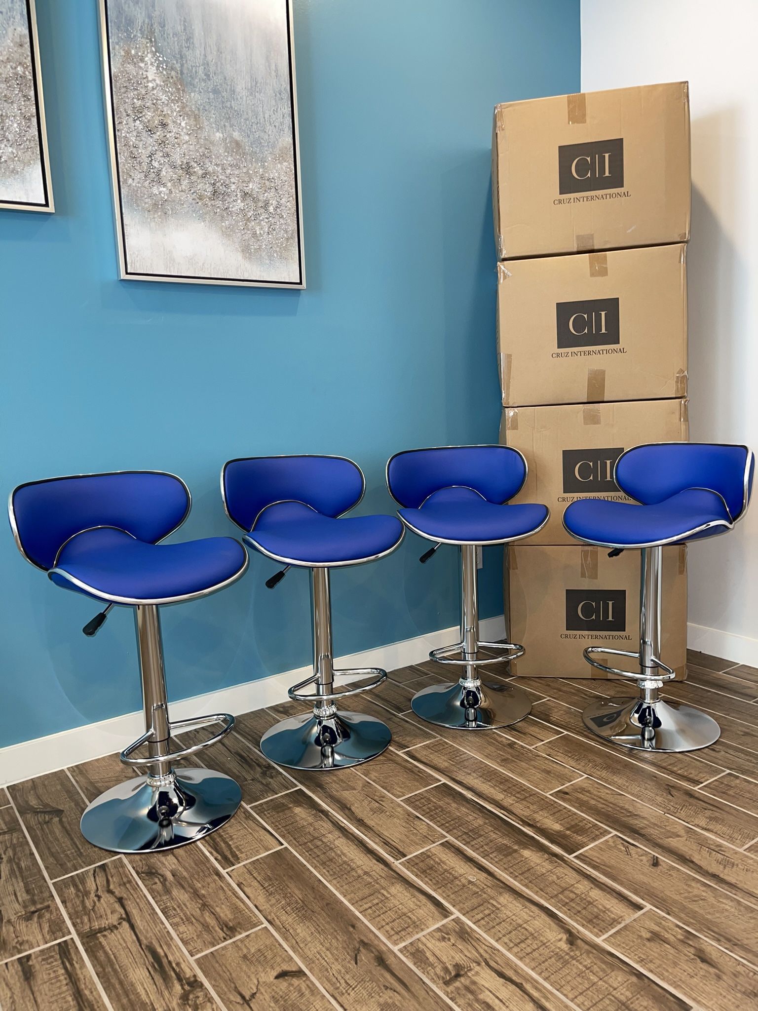 New 4 Blue Curvy Bar Stools 