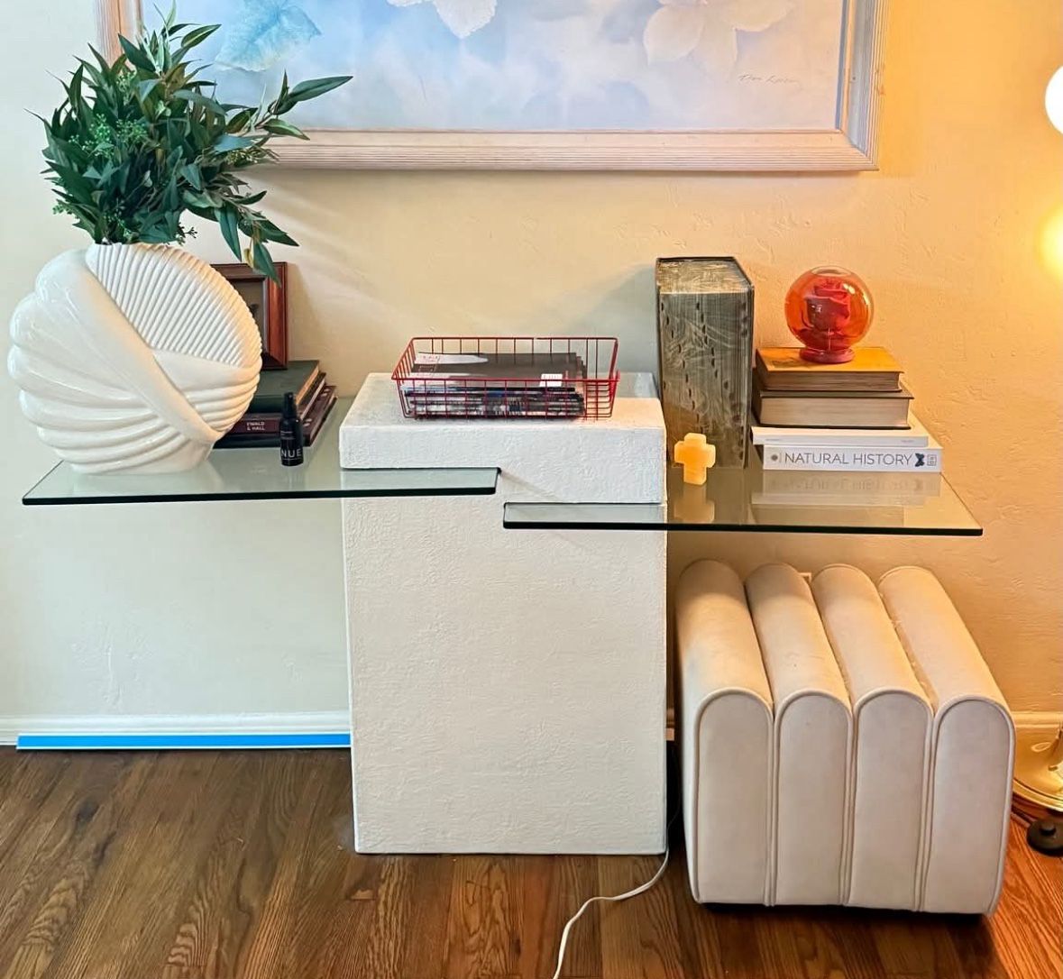 Post modern white stucco and glass console table