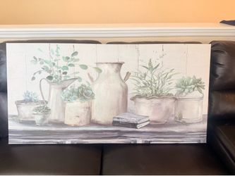 Horizontal Botanical Still Life Print, Plants Theme, White Green Gray Wall Art