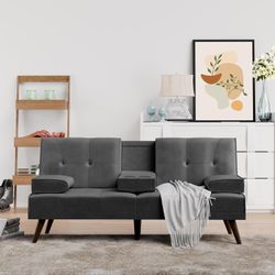 New 60 Inch Small Loveseat, Cute 3-in-1 Convertible Sofa Bed, Modern Recliner Futon with 2 Cup Holders, Upholstered Folding Sofa for Small Spaces, Gra