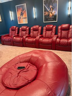 Luxury Home Theater Seating: 5 Seatcraft Diamante Power Recliners + 2 Cuddle Seats (Red Italian Leather)