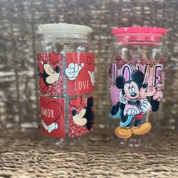 Valentine’s Day Glass Tumblers💕Mickey Minnie Mouse Hello Kitty