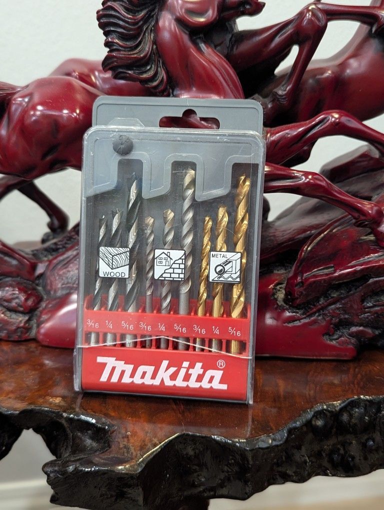 Makita 9 Piece - 3-in-1 Drill Bit Set for Drills - Precise Drilling for Masonry-Concrete, Wood & Metal - Tungsten Carbide, Brad Point & HSS-Tin Bits