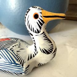 Wonderful Hand Carved Hand Painted, Colorful Wooden Folkart Duck Figurine - Artist Signed Germain   Approx 5"  x 2.5”   I love the painted feet on the