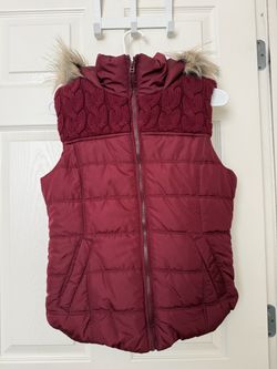 Burgundy Puffer Vest with Faux Fur Hood