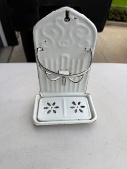 vintage French farmhouse-style white enameled metal wall-mount soap and sponge holder
