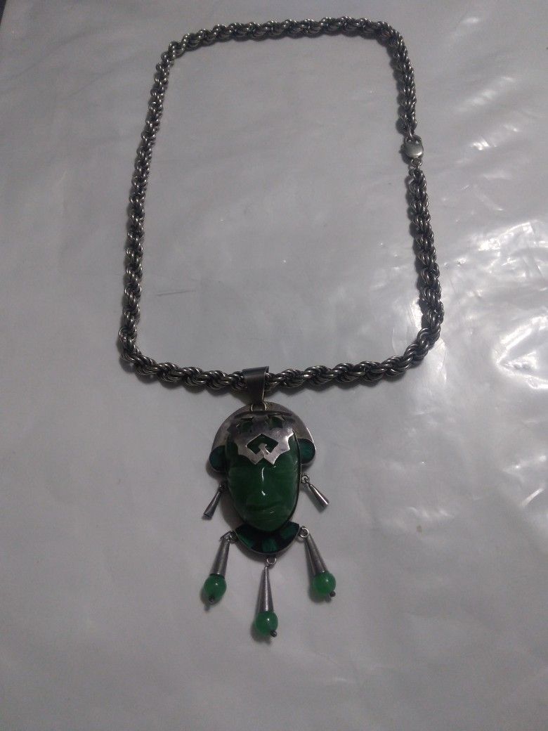 Vintage Silver Texco Mexican Large Jade Malachite Pendant Pendant Is 3 1/2 By 1 1/2 With  Sterling Silver Rope Necklace 24 In Long Use