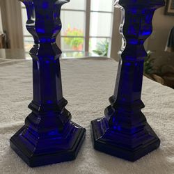 Vintage Pair MMA Cobalt Blue Glass Candlesticks Hexagon