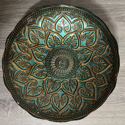 Large Green & Gold Turkish Art Glass Bowl: Hand-Painted Mandala Centerpiece