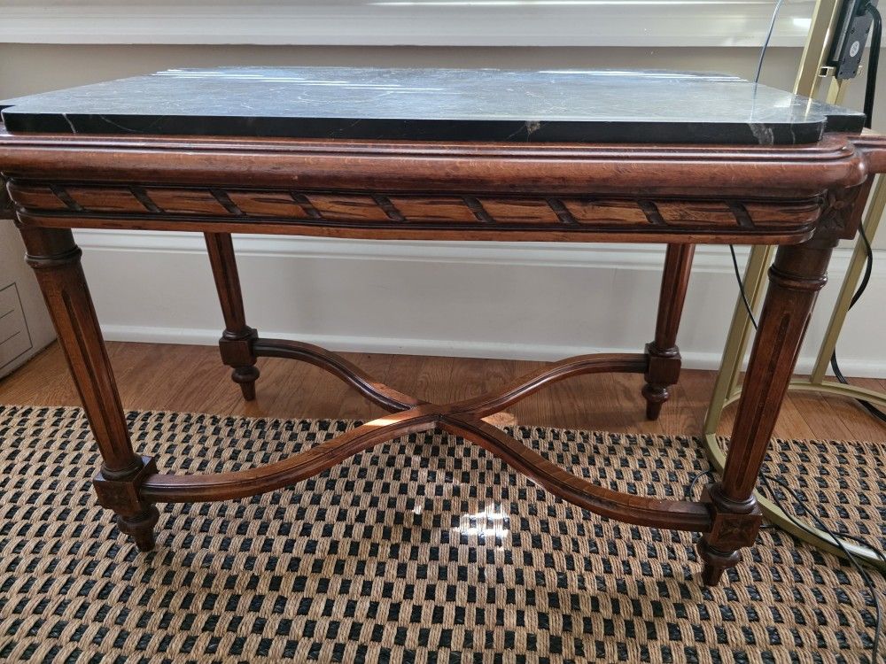 Antique French Carved Walnut and Black Marble Occasional Table