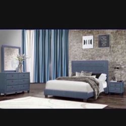 MODERN   Queen Size Blue  Four Piece Bedroom Set. Mattress sold separately 
