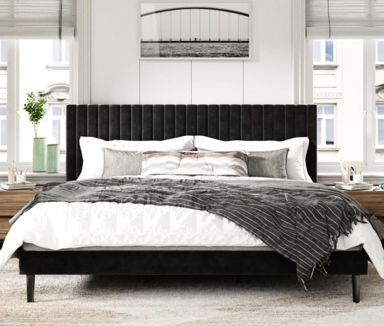 New King Size Bed Frame With Velvet Upholstered Headboard