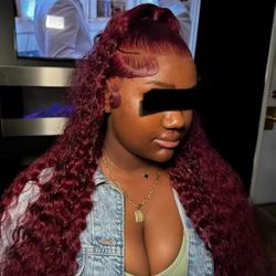 34 Inch Burgundy 99j Deep Wave Frontal Wig Colored Curly Human Hair Wigs 200 250 Density 13x4 Hd Lace Frontal Human Hair Wigs