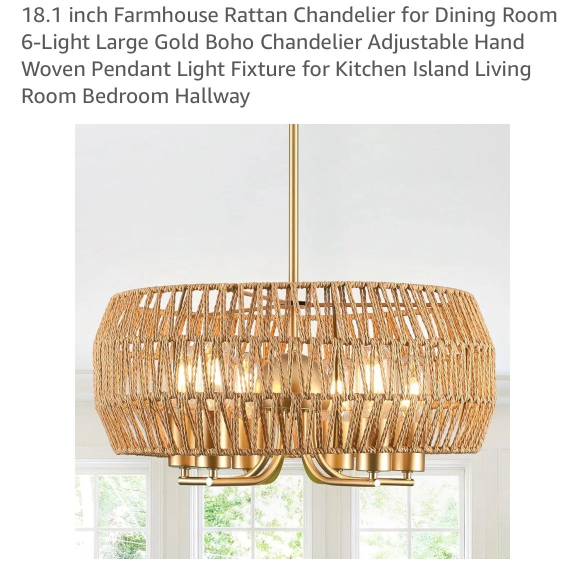 18.1 inch Farmhouse Rattan Chandelier for Dining Room 6-Light Large Gold Boho Chandelier Adjustable Hand Woven Pendant Light Fixture for Kitchen Islan