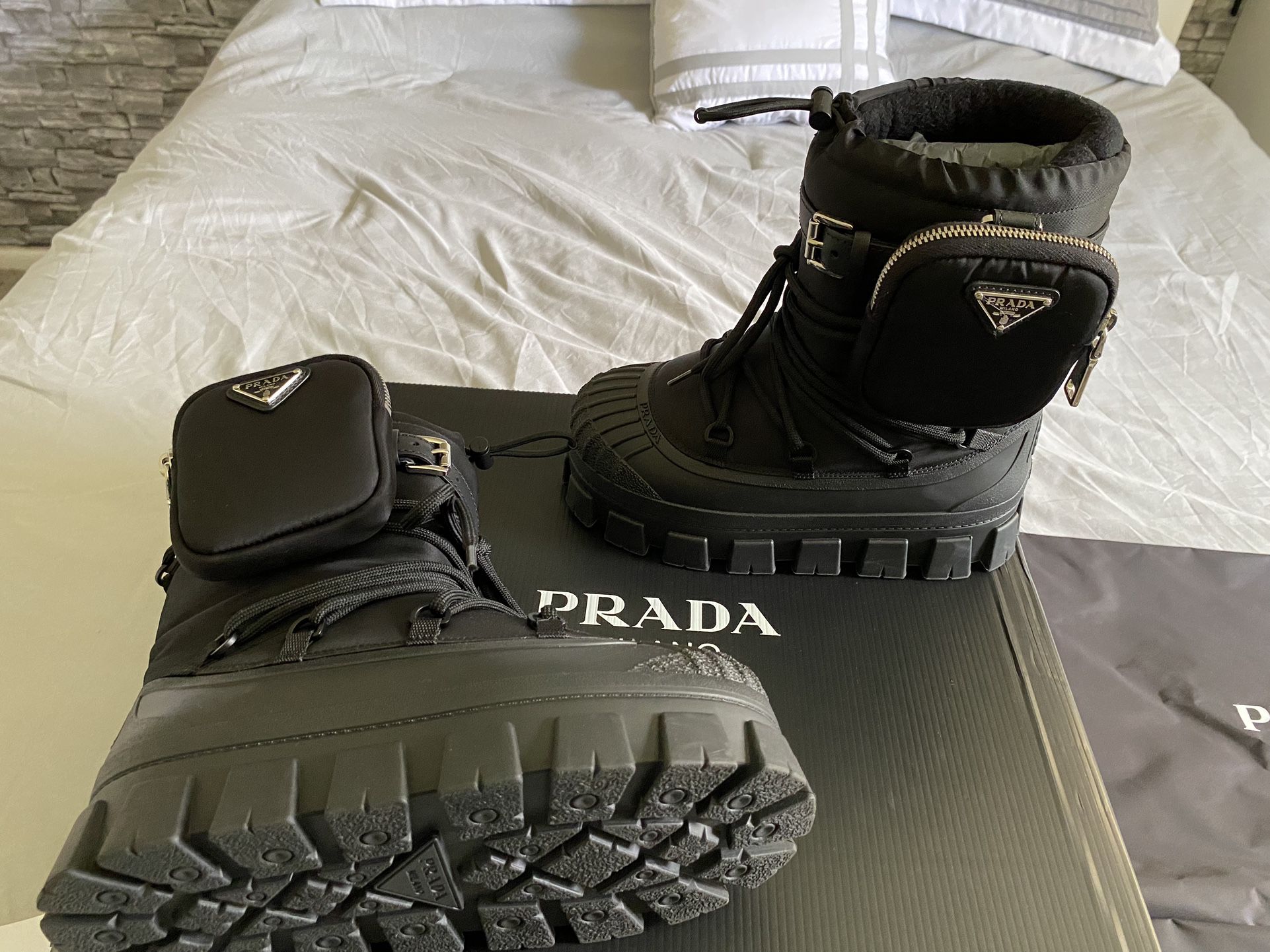 Prada Nylon Gabardine Après-Ski Boots with Pouch, Women, Black, Size 37/38