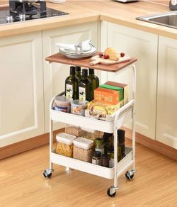 Utility Printer Storage Cart, Wooden Table Top,  3 Tier, Metal,  White