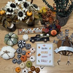 HUGE LOT FALL HARVEST DECOR PUMPKINS HELLO FALL SIGN FLOWER ARRANGEMENTS DECORATIONS