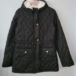 Riley & James Women's Black Hooded Puffer Jacket Faux Fur Lining Size M