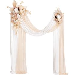 Ling's moment Spring Wedding Arch Flowers Kit Pack of 4, 2pcs Hanging Flower Arrangement 2pcs Chiffon Drapes Ceremony Fake Rose Arbor Backdrop Artific