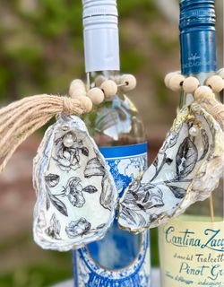 Handmade oyster shell ornaments – black and white flowers/host hostess gift/coastal dinner party decor