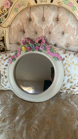 Hand Painted Round Decorative Wall Mirror with Floral Detail