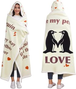 Anniversary Romantic Blanket Hoodie – Penguin Love Design (Soft Sherpa Fleece)