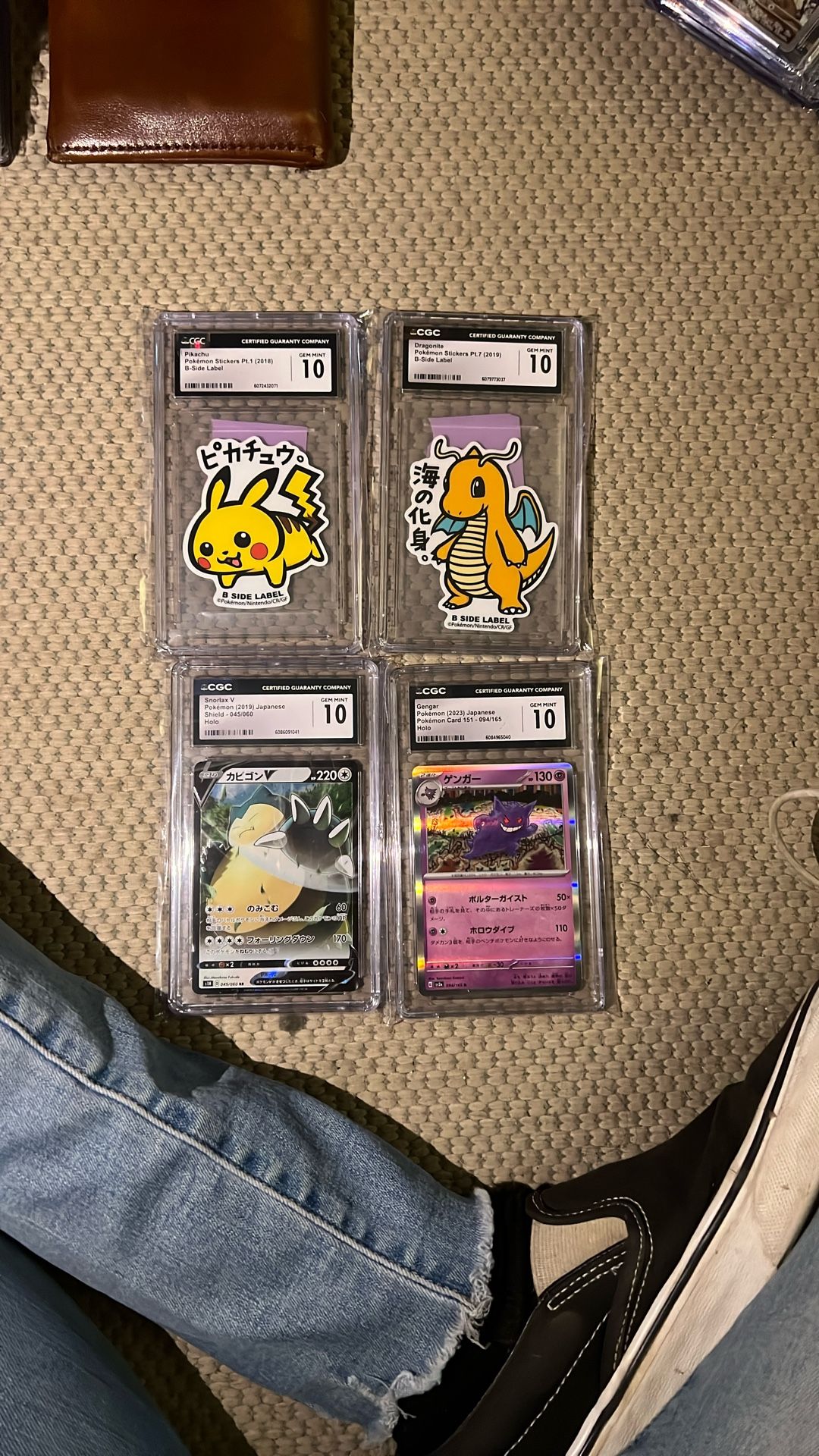 Graded Pokemon Cards: Pikachu Sticker, Dragonite Sticker , Snoriax V, And Gengar