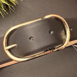 Michael Kors Black and Tan Leather Belt with Gold Accent