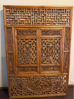 Chinese Vintage Wood Oriental Carving Wall Panel Window Screen