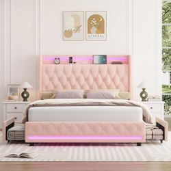 Upholstered Full Size LED Bed Frame (Pink) - Still Available 