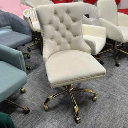 Beige Velvet Home Office Desk Chair with Wheels & Gold Base, Beige