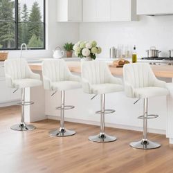 Metal Bar Stools (Set of 4) Adjustable Swivel Counter Stools with Back, White Faux Leather Bar Chairs for Kitchen Island