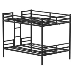 Queen Bunk Bed, Metal Bed Frame With Full-Length Guardrail and Ladder, Black.
