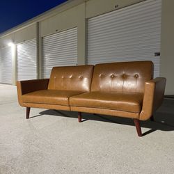 Mid-Century Modern Carmel Brown Leather Sleeper Sofa, New, Can Deliver!