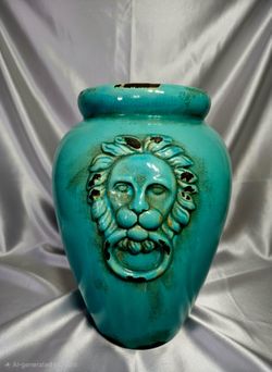 Turquoise ceramic vase featuring relief carvings of a lion's heads 16"×8"