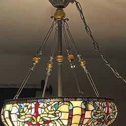 Vintage Tiffany-Style Stained Glass Swag Pendant Lamp Art Nouveau Revival | Late 20th Century