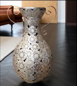 Large Silver Filigree Metal Floor Vase