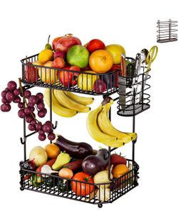 Heavy 2 Tier Fruit Basket for Kitchen Counter，with Side Storage Basket，Upgraded with 8 Banana Hangers, Detachable Metal Fruit Bowl for Kitchen counter