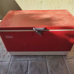 Vintage Coleman Red Metal Steel Belted Retro Cooler Ice Chest