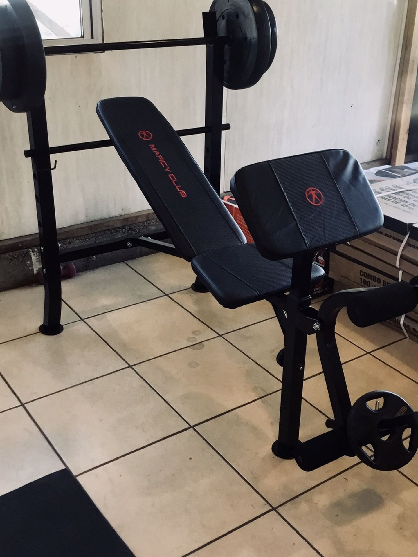 Adjustable Bench Press, Barbell, Leg Extension, Preacher Curl, 100lbs Of Weights Included