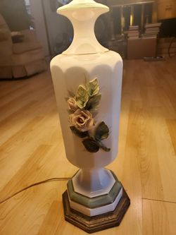 Vintage Table Lamp Pink Roses Ceramic Porcelain Boundoir Art Deco With Shade