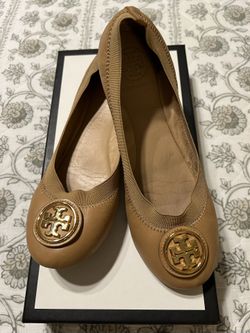 TORY BURCH CAROLINE 2' BALLET FLATS SAND NAPPA LEATHER SIZE 6.5 – RETAIL $225.00