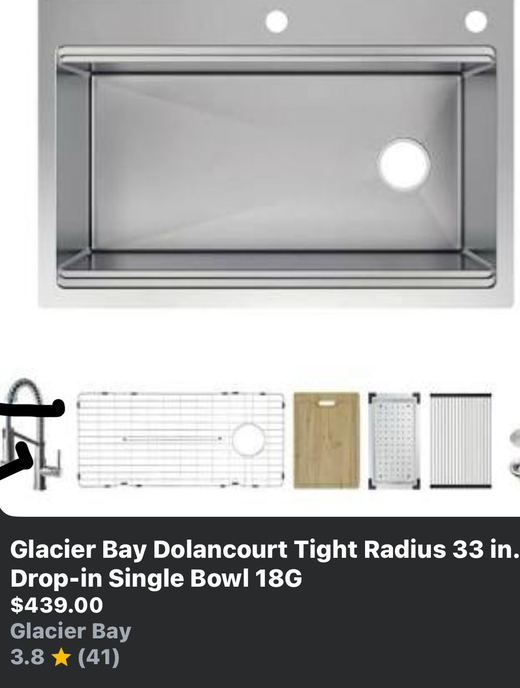 $200 _ Retail $439 Glacier Bay Dolancourt Tight Radius 33”x22”x9” Drop-in Single Bowl 18G