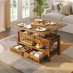 Greenstell Lift Top Coffee Table with Storage, Multi-Function Dining Table, 39"Wide, Rustic Brown