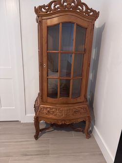 Ornate Carved Wood Display Cabinet with Glass Door