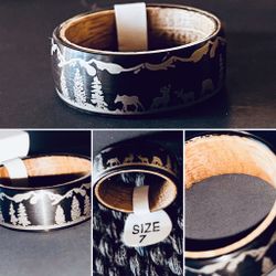 Forest Trees & Wildlife Tungsten Carbide W/ Wood Ring