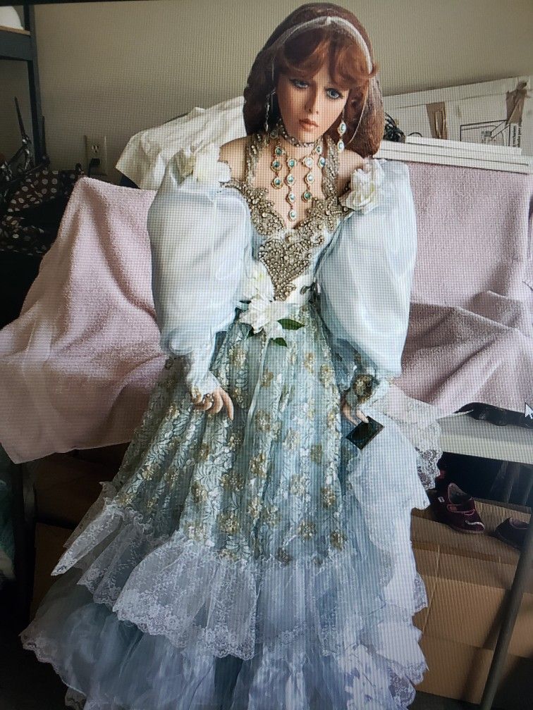 44" RUSTIE VICTORIAN DOLL ON STAND AND SIGNED 1999