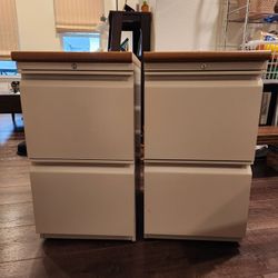 2  mobile pedestal file cabinets with wood tops. strong and good condition, 28" H , 21×15", two drawers, 2 for $50 